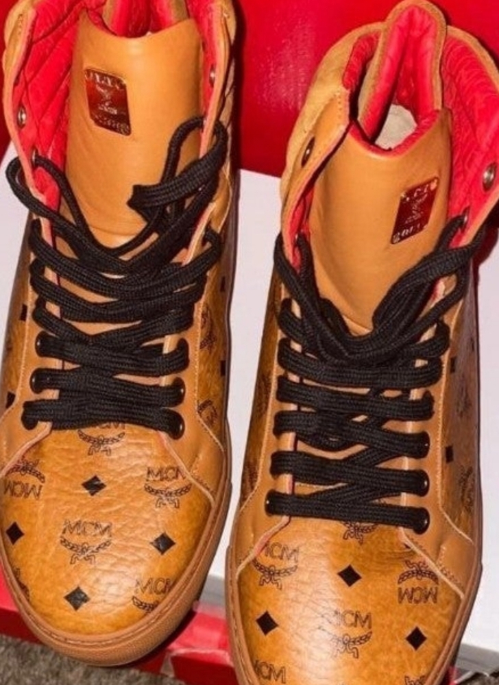 MCM Cognac Brown & Red Quilted-Trim High-Top Sneakers